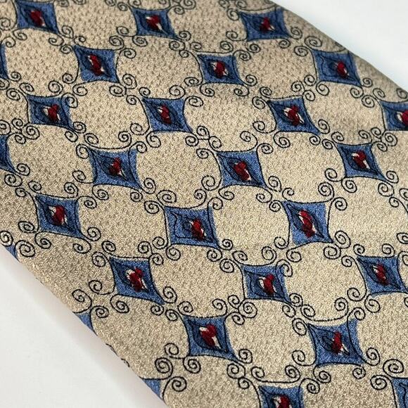 J. Garcia Geometric Print Mens Neck Tie Beige Blue Burgundy 100% Silk - Picture 3 of 7